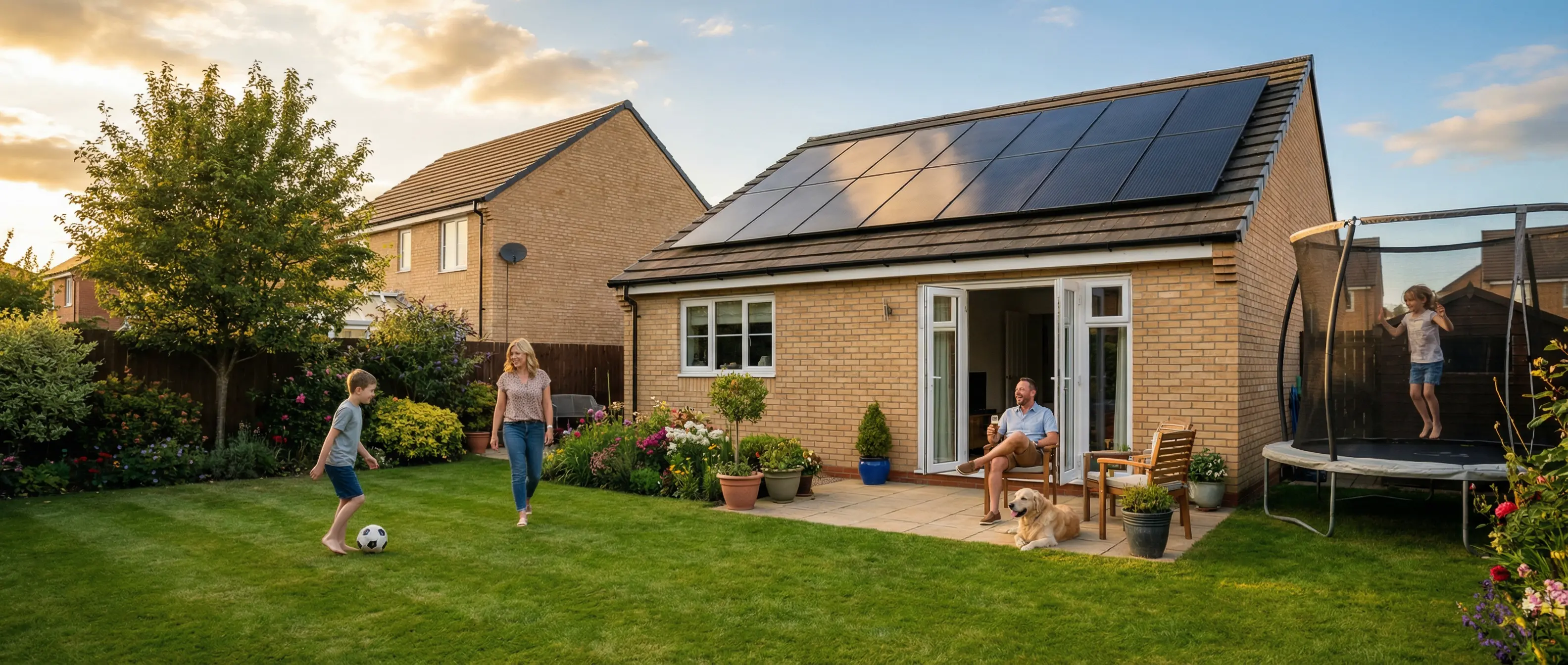 British home at golden hour with family in garden and solar on roof