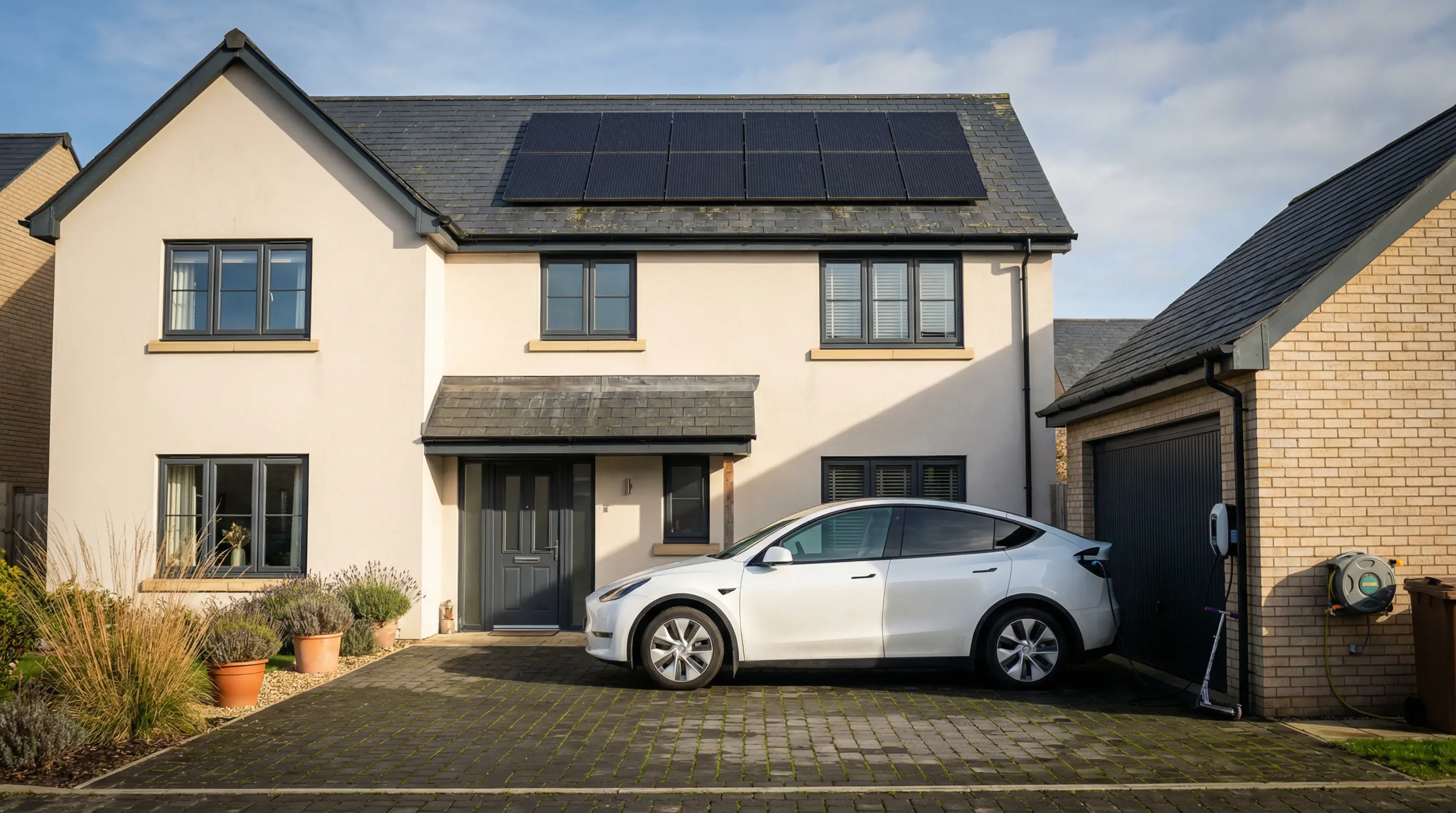 Premium home at dusk with solar panels