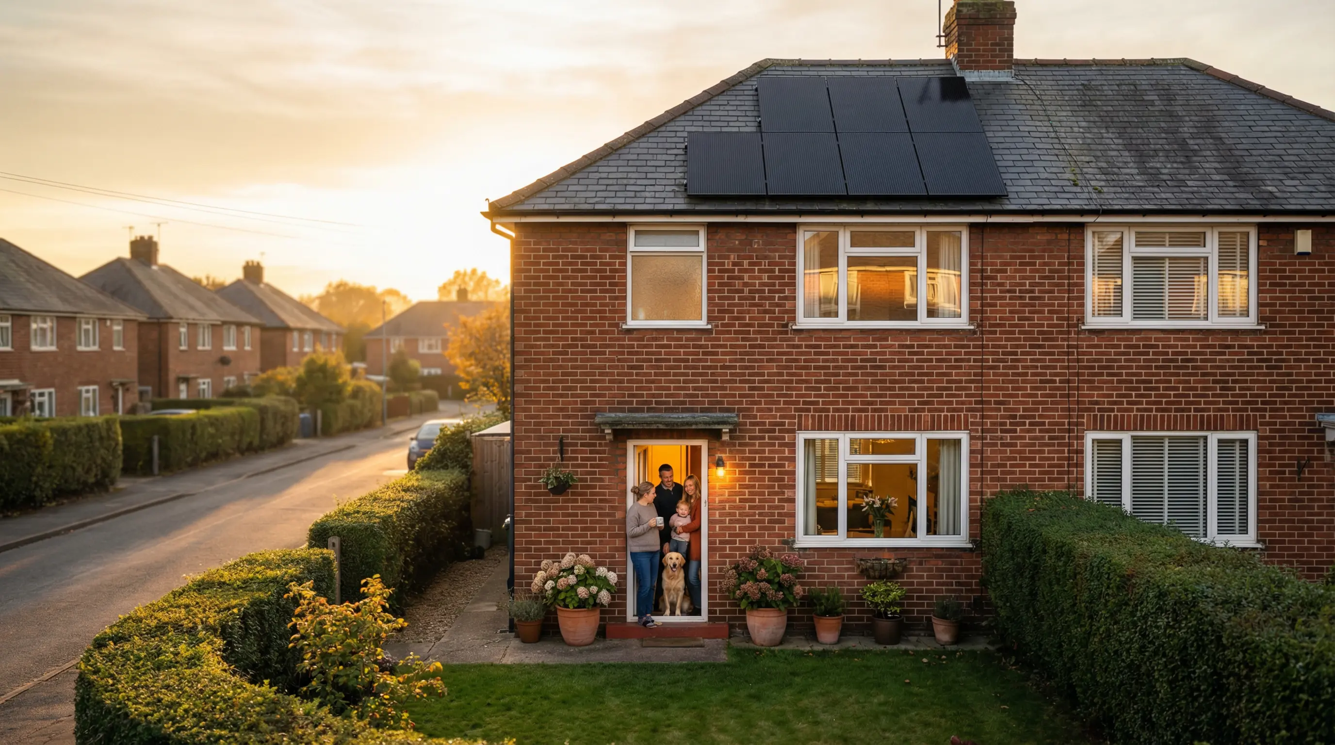 Warm semi-detached home with solar panels at golden hour